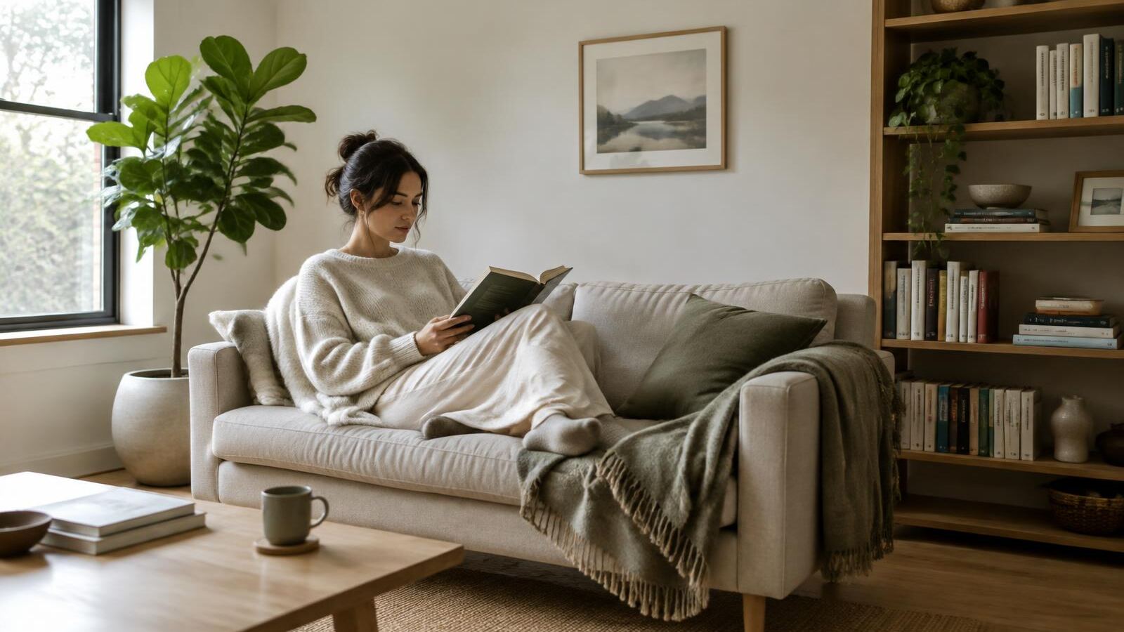Woman reading in a calm, uncluttered living room