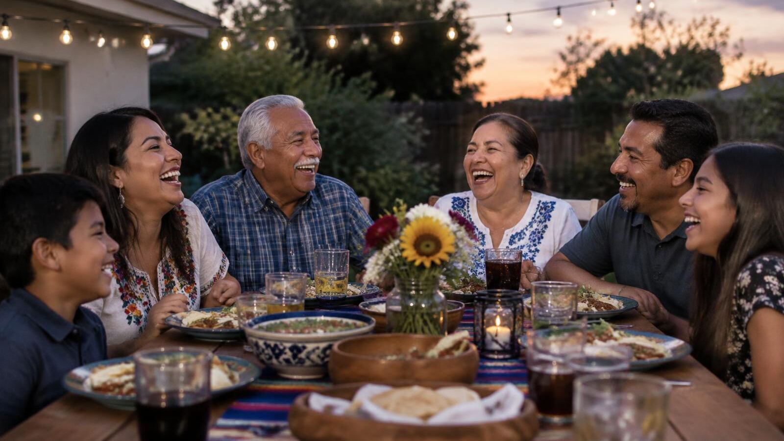 Multigenerational family laughing over dinner in the backyard