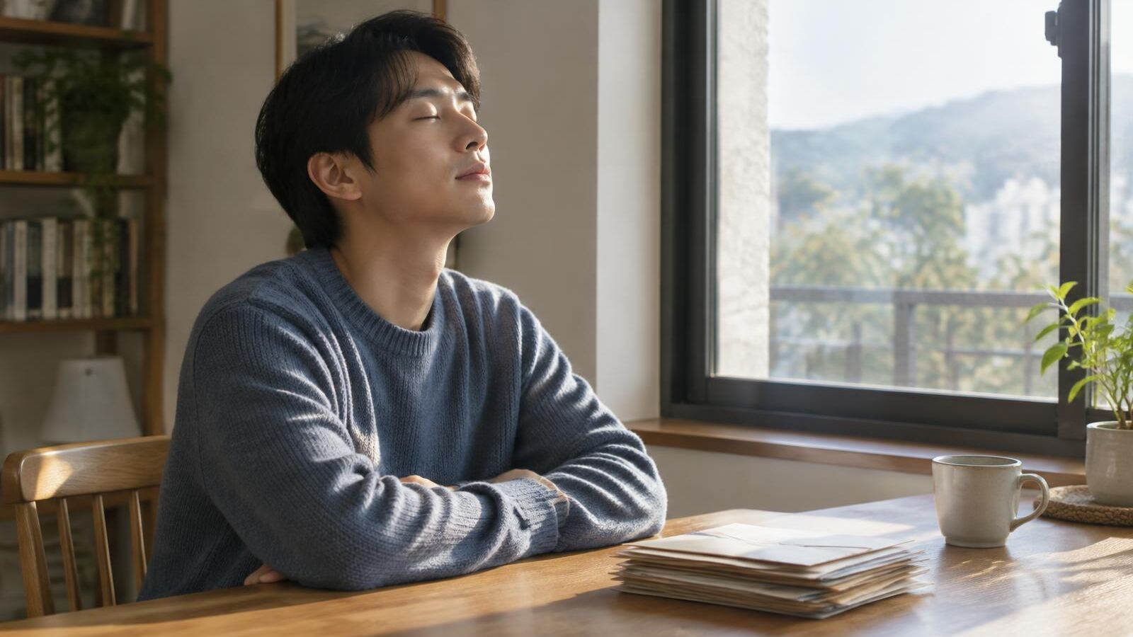 Man taking a slow deep breath by a sunny window beside a stack of envelopes