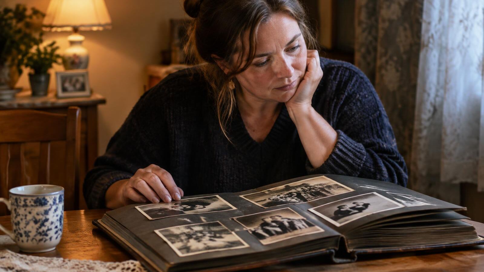 Woman looking through an old family photo album