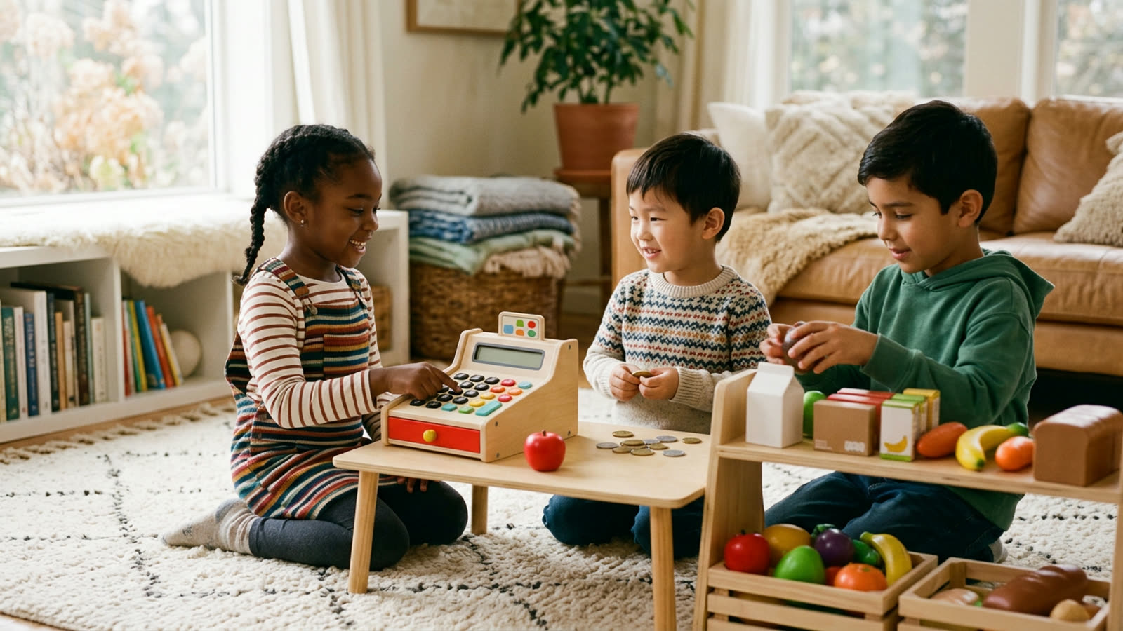 Kids playing a pretend grocery store game with toy coins, a toy cash register and play food on a living room rug