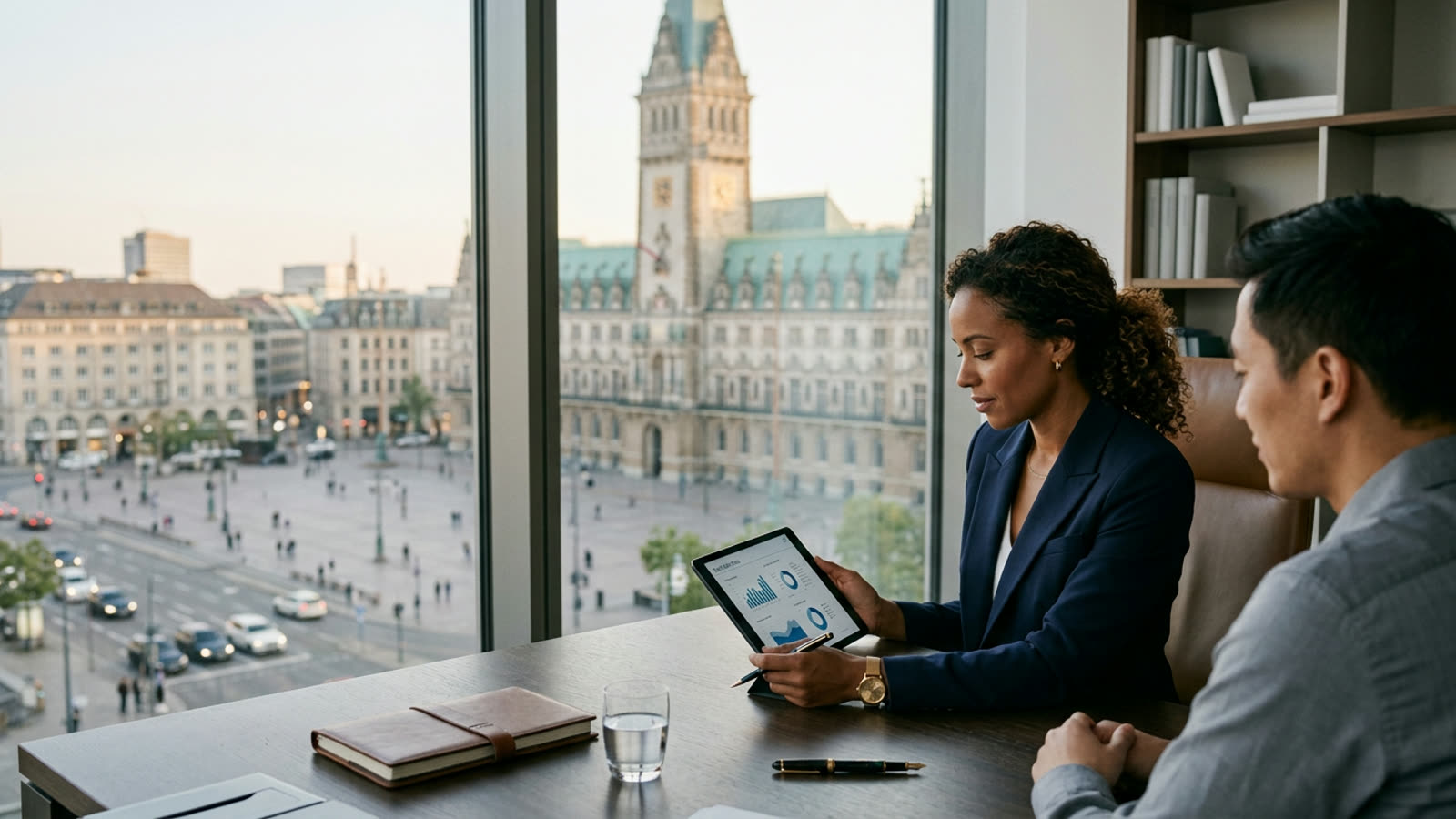 A high earner reviewing a bond portfolio on a tablet in a refined private office overlooking a city hall and civic buildings