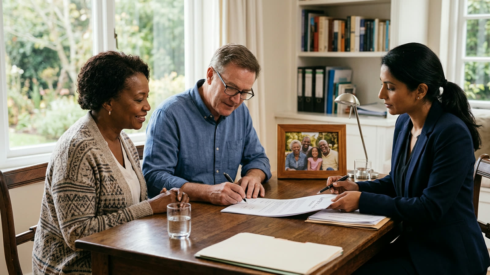 Parents signing a will with an attorney at a desk, a framed family photo nearby