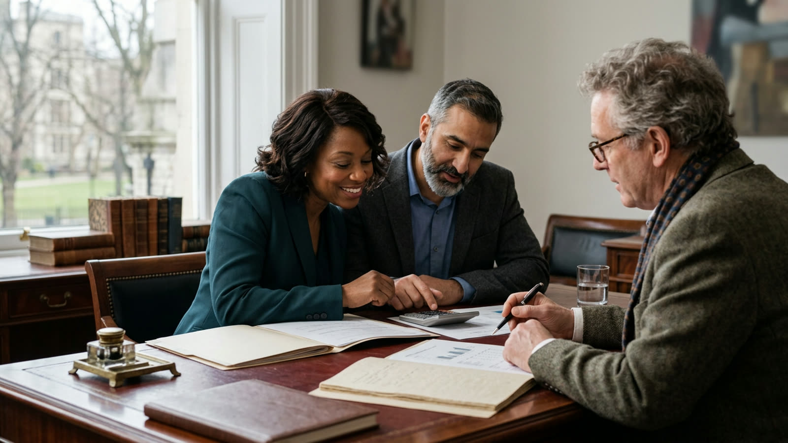 An affluent couple meeting their tax advisor at a mahogany desk, reviewing investment statements and a calculator