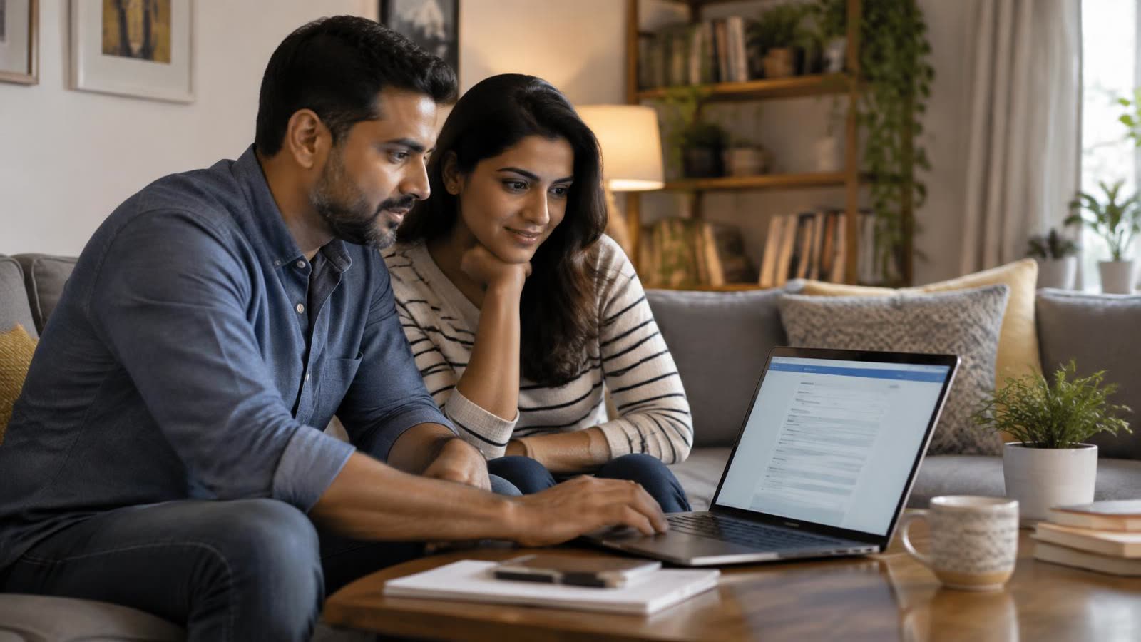A couple in their 30s setting up a retirement account on a laptop at home