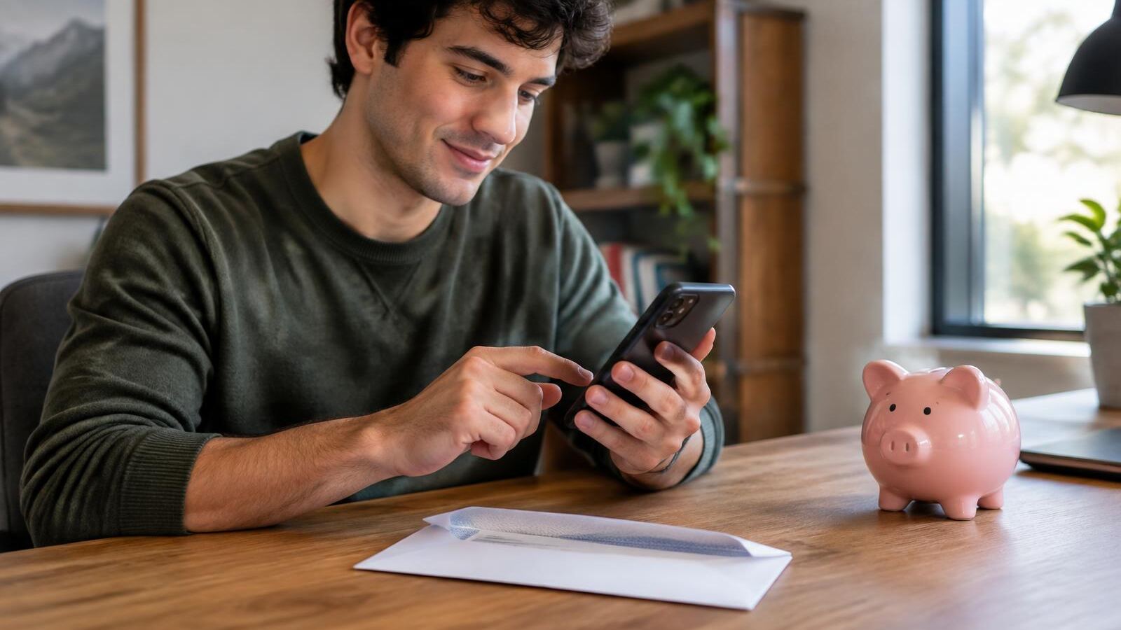 Young man moving money into savings on his phone beside a piggy bank