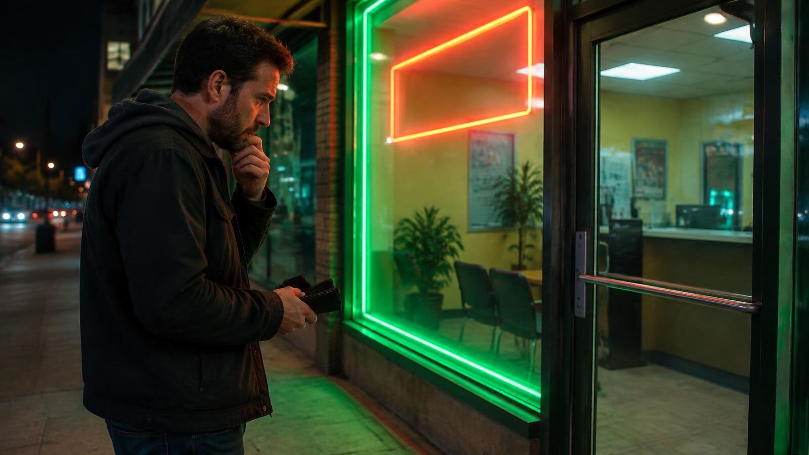 Man hesitating outside a cash advance storefront at night