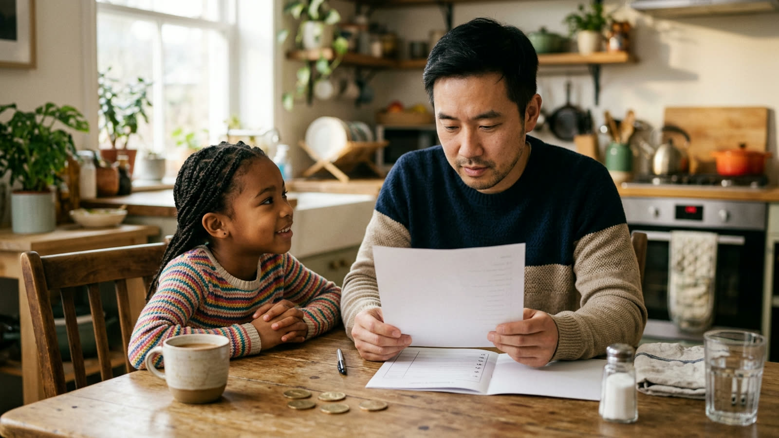 A parent at a kitchen table looking over a child's report card while the child waits hopefully, a few dollar coins on the table