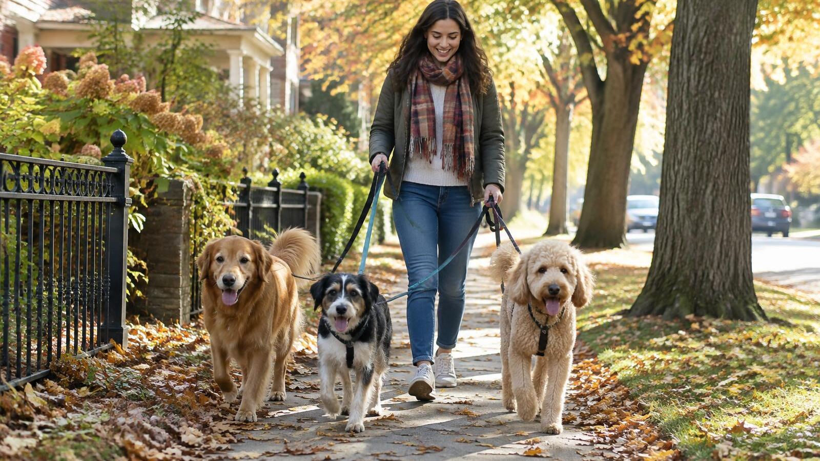 Dog walker strolling with three happy dogs on an autumn sidewalk