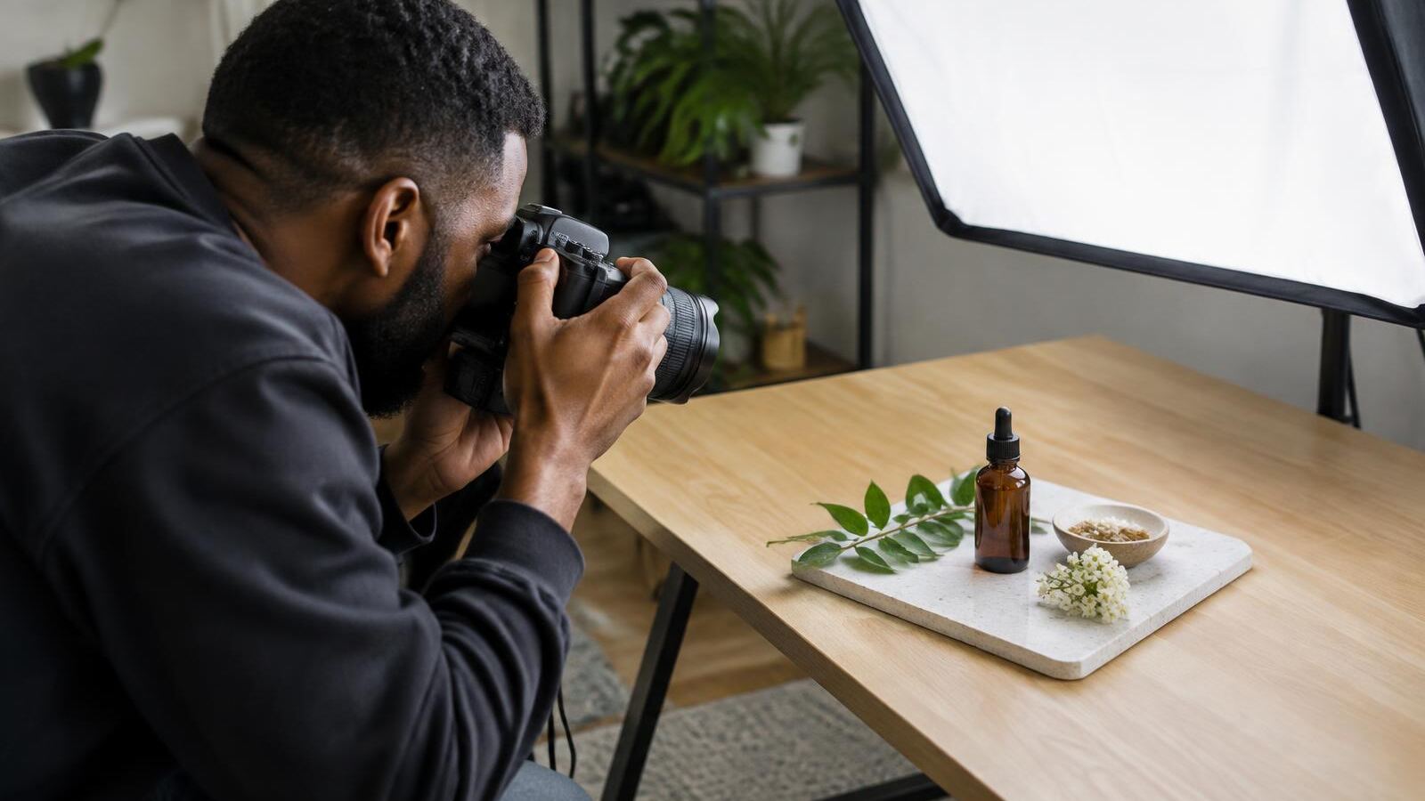Photographer shooting a product flat-lay in a small home studio