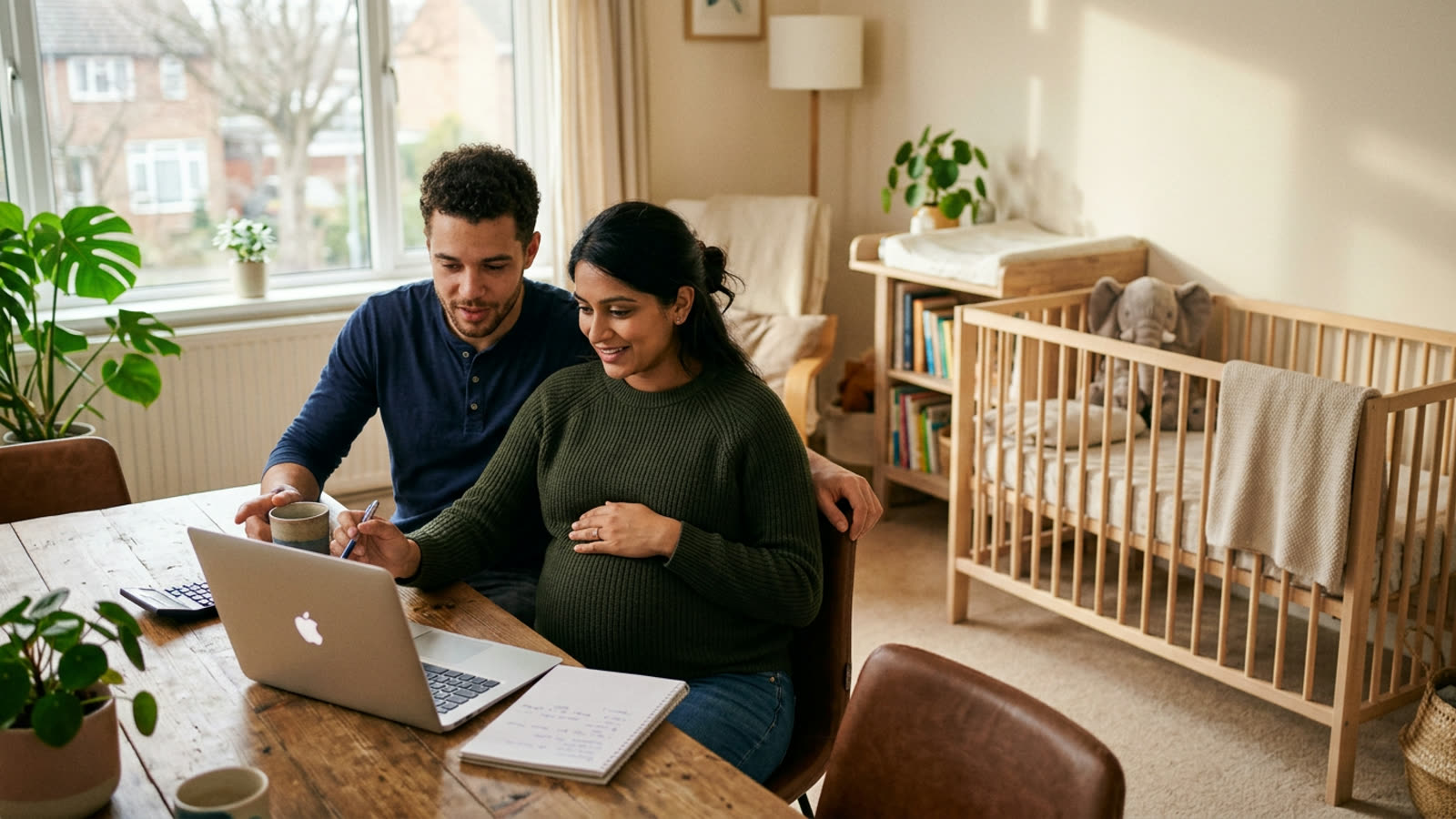 An expectant mother and partner at a laptop planning finances, a baby crib in the background