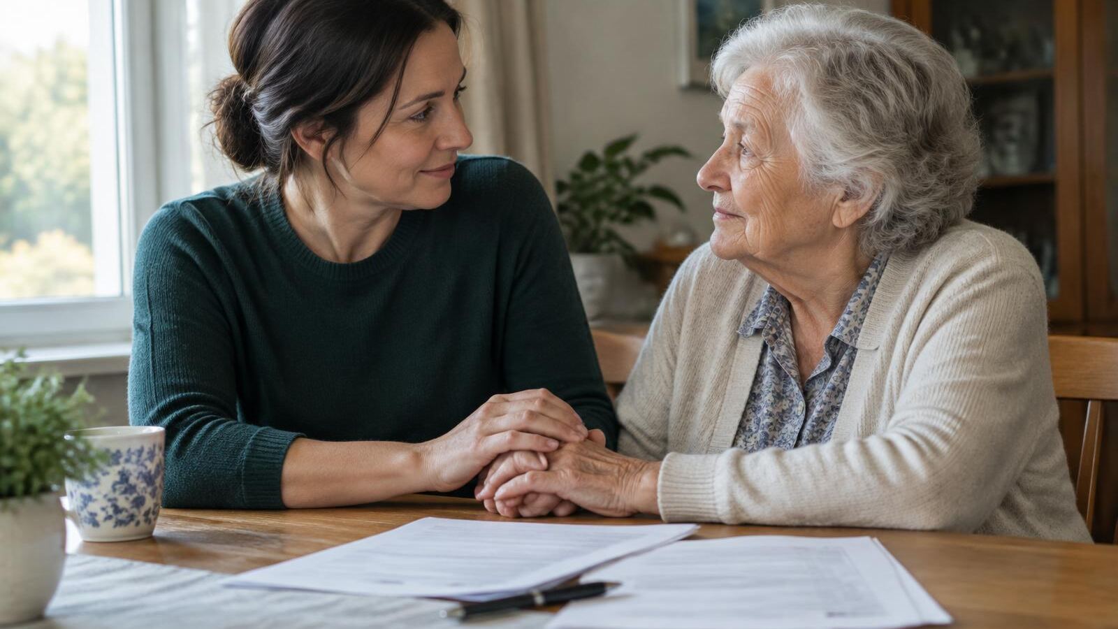 Adult daughter holding her mother's hand over paperwork