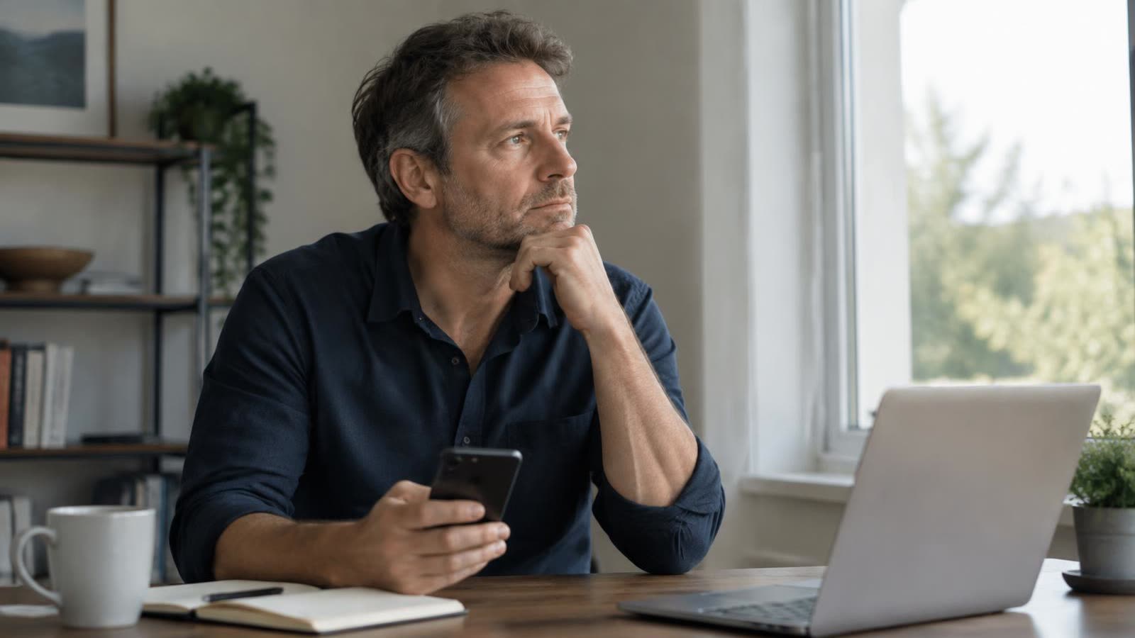 A thoughtful man at his desk pausing with his phone in hand before deciding