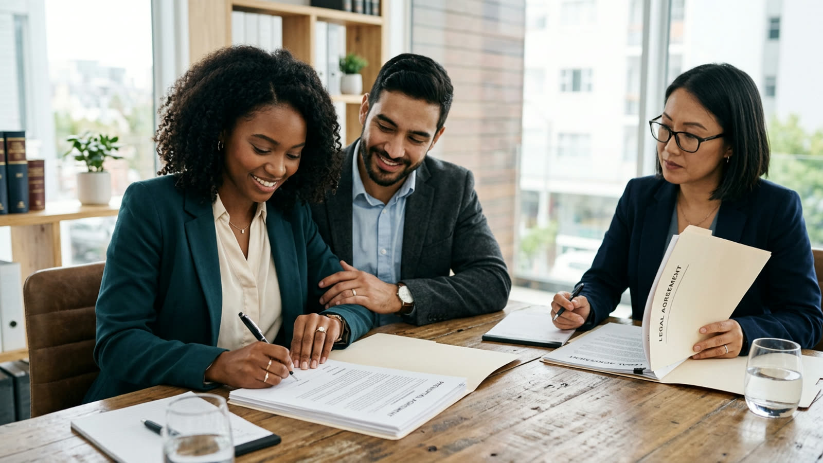 An engaged couple signing a prenuptial agreement with a lawyer, engagement ring visible