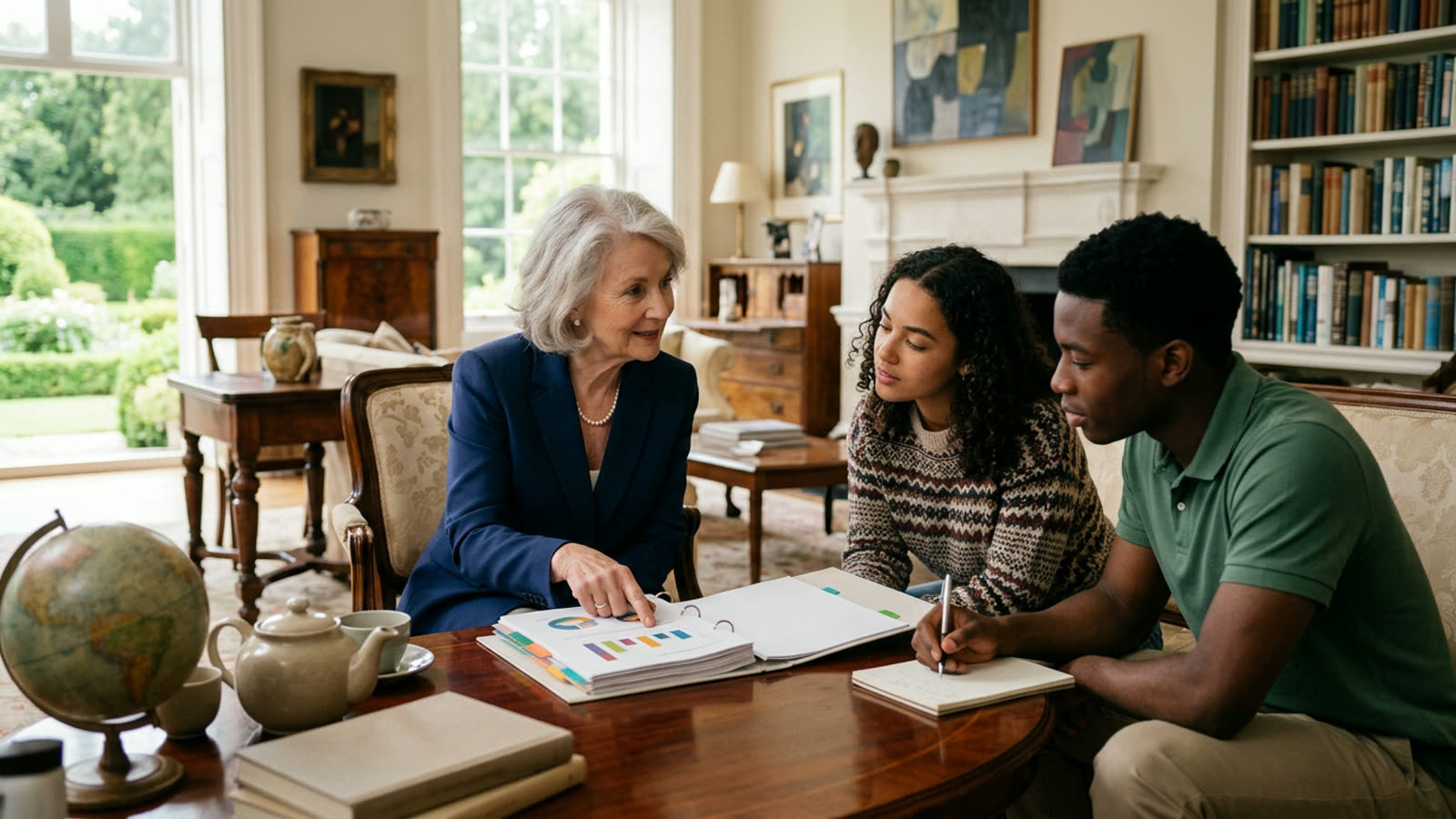 A wealthy grandmother in an elegant living room teaching her young-adult grandchildren about family investments with a binder