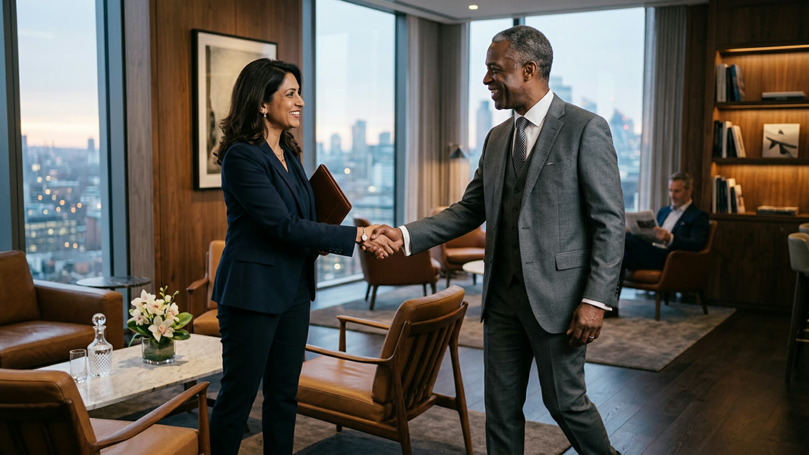 A private banker greeting a client in an upscale private banking lounge
