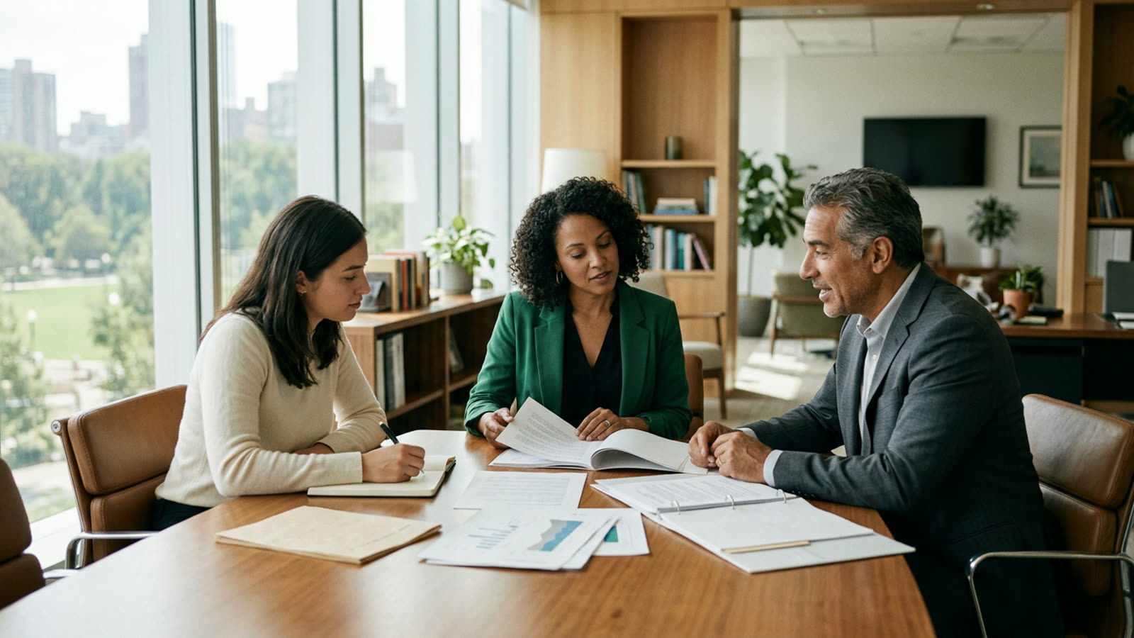 A philanthropist in an elegant office meeting with a foundation director and a grant officer around a table of program proposals