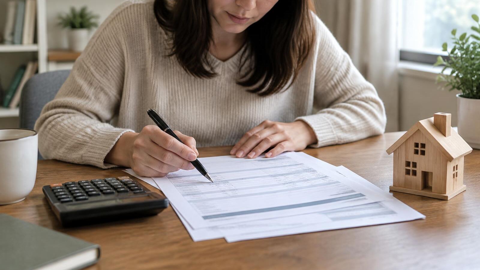 Homeowner checking a mortgage statement with a calculator and a model house