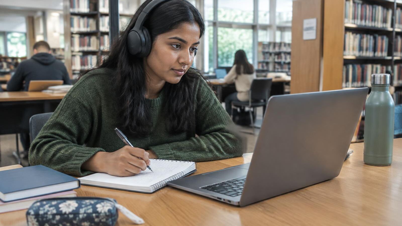 Woman taking an online course at the library