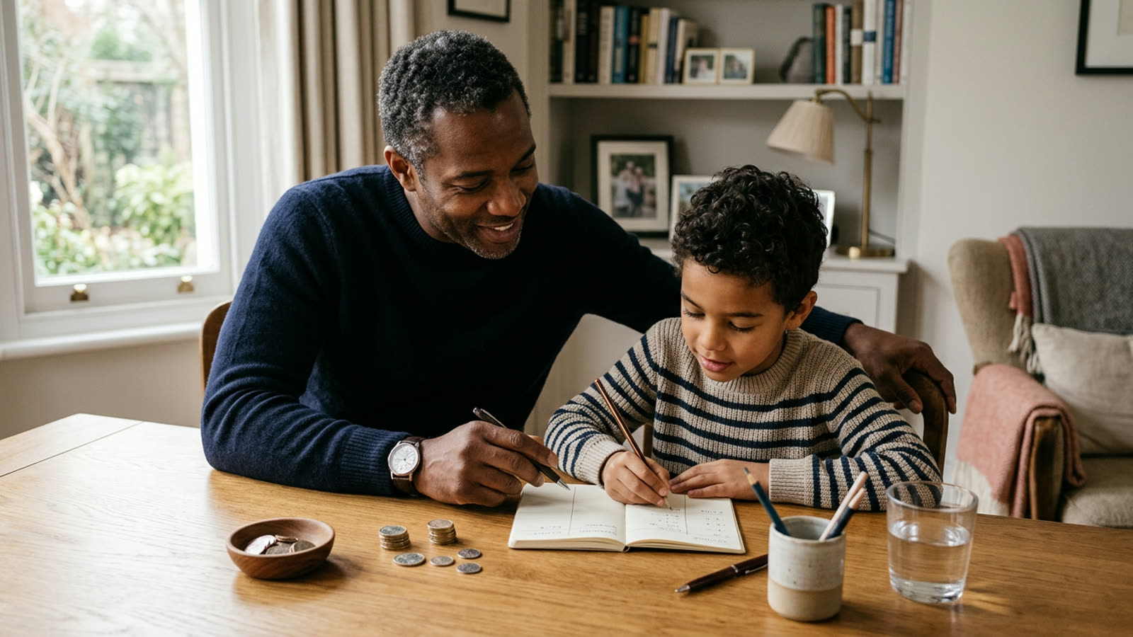 A father in an elegant home teaching his son to budget with a notebook and coins at a desk