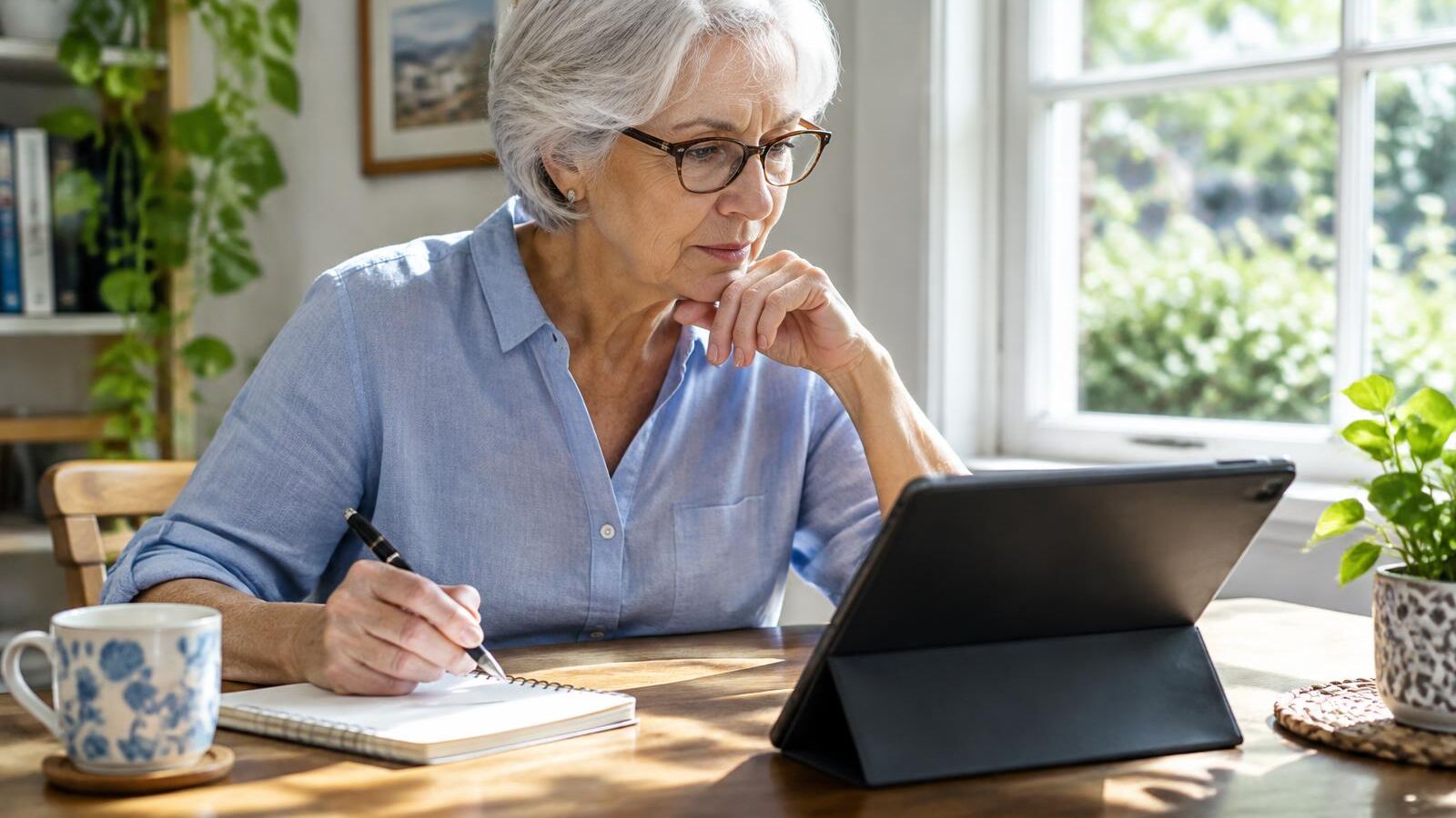 Older woman reviewing her accounts on a tablet and taking notes