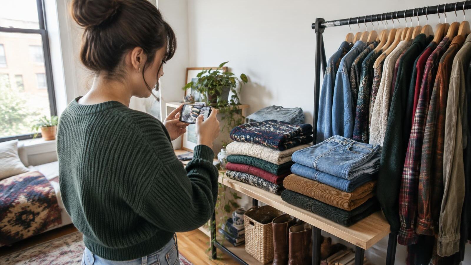 Reseller photographing thrifted clothing on a rack to list for sale