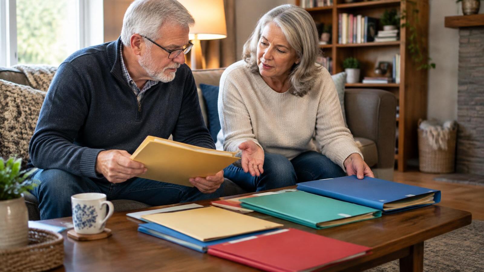 Retired couple sorting folders on a coffee table