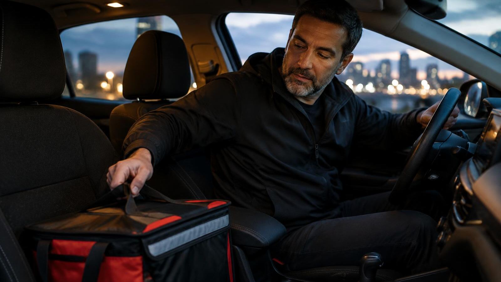 Driver placing an insulated food delivery bag in his car at dusk