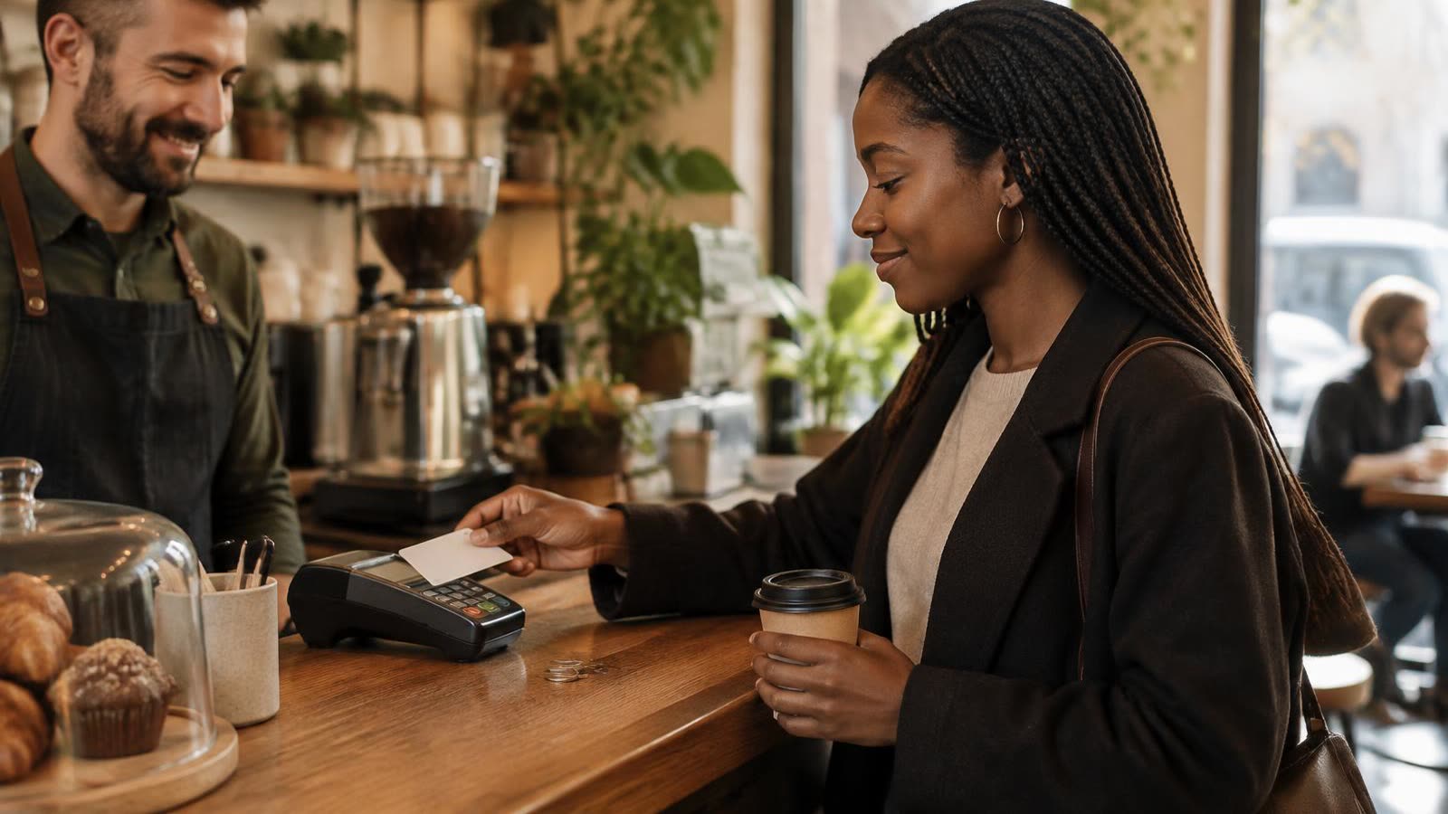 A woman pays for coffee with a card at a café counter, a few coins on the counter