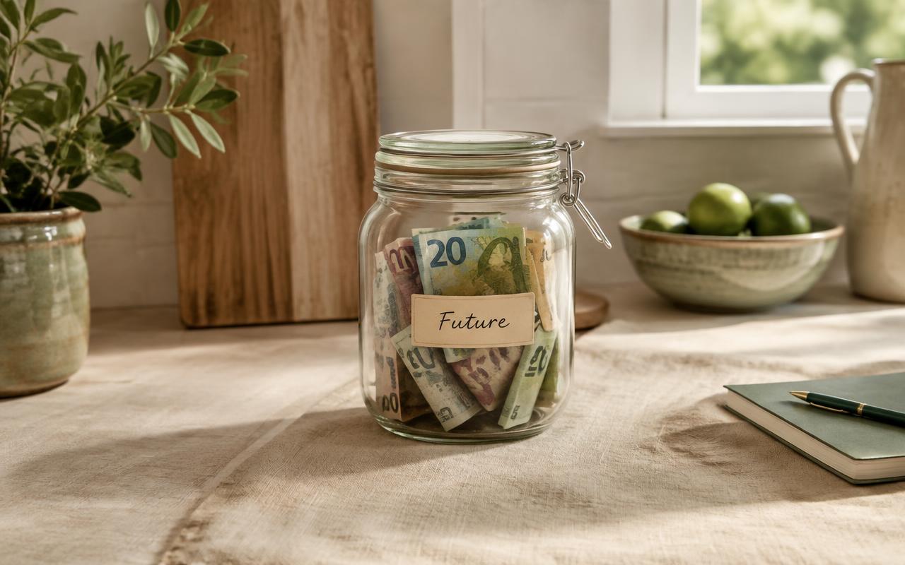 A glass jar of banknotes labelled Future on a linen kitchen counter