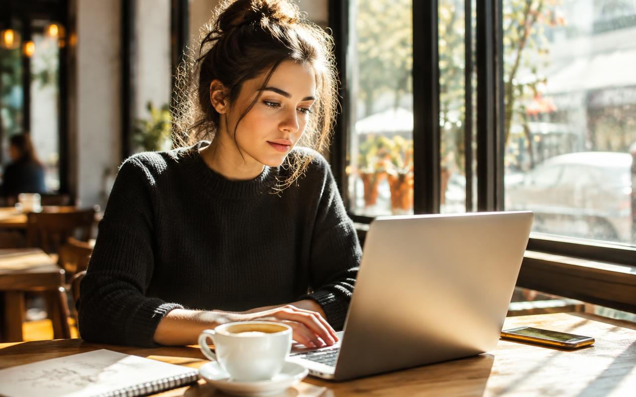 A young woman working on a laptop at a sunlit café table