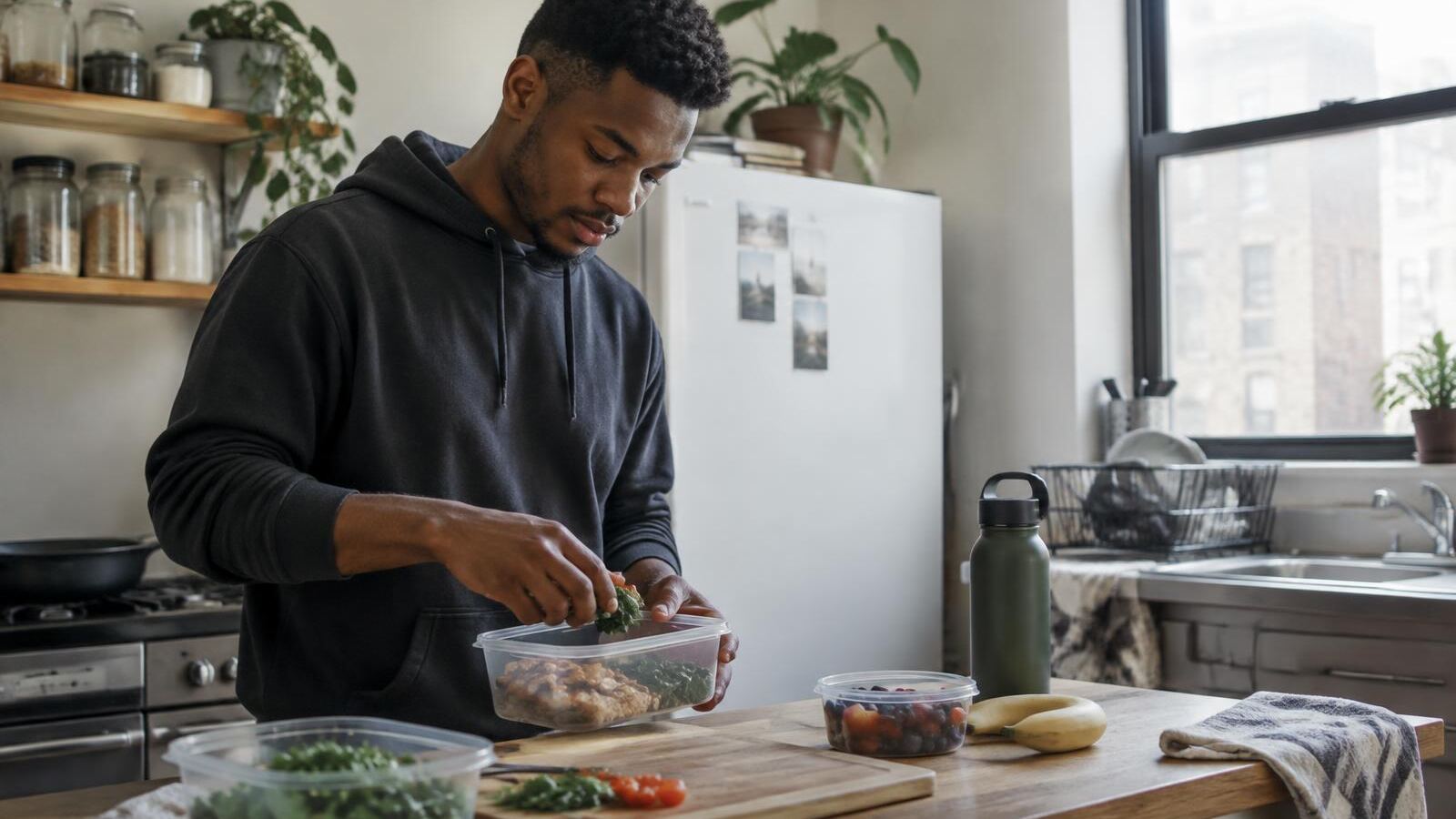 Young man packing a homemade lunch in his apartment kitchen