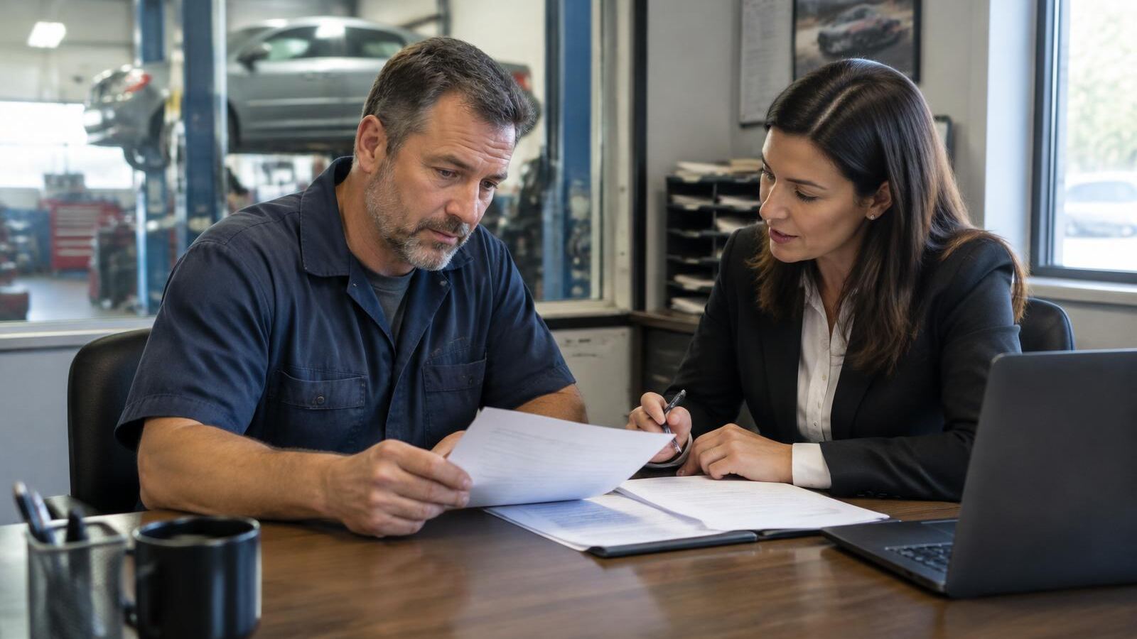 Auto shop owner reviewing loan paperwork with a lender
