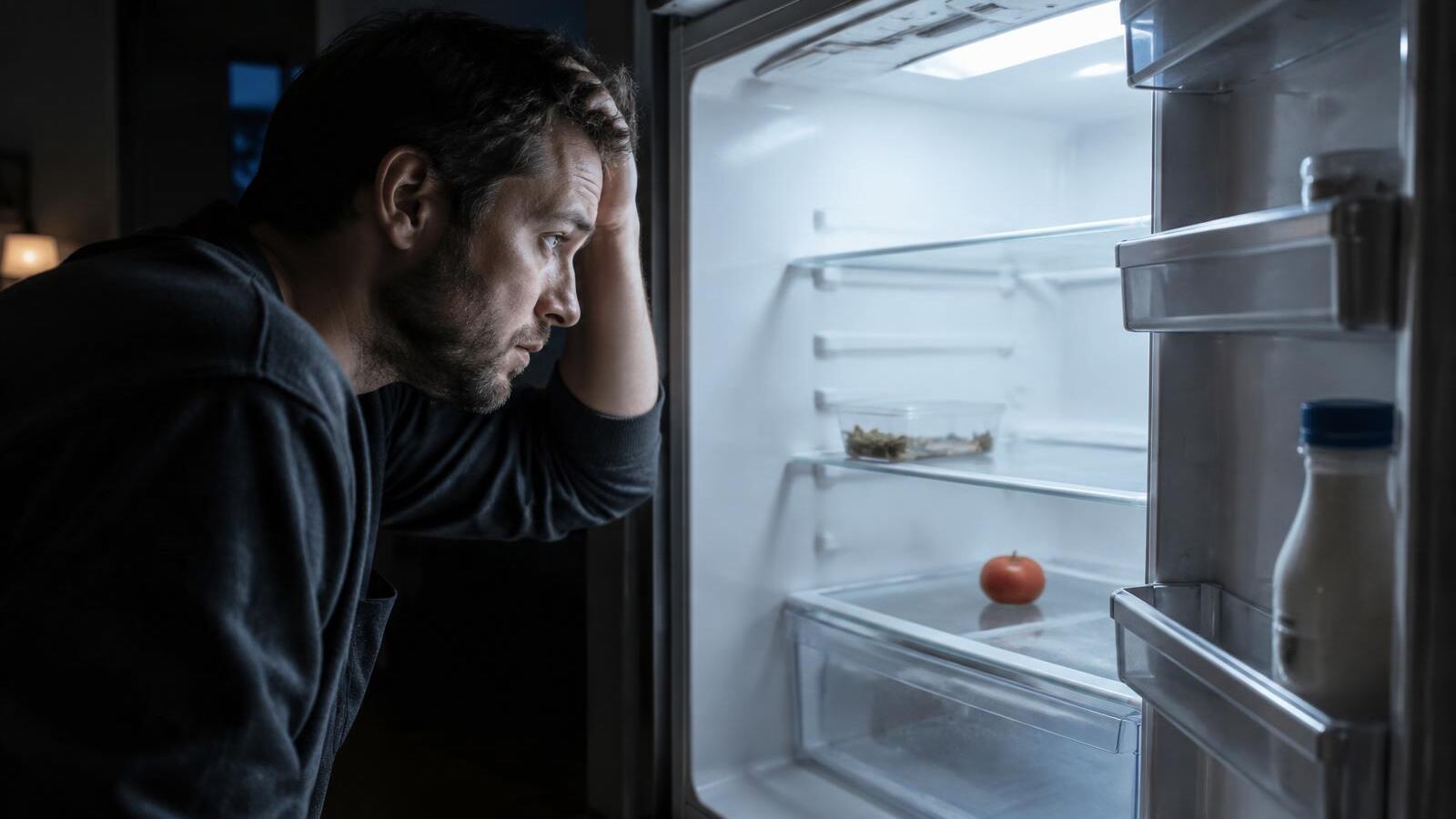 Worried man looking into a nearly empty refrigerator at night