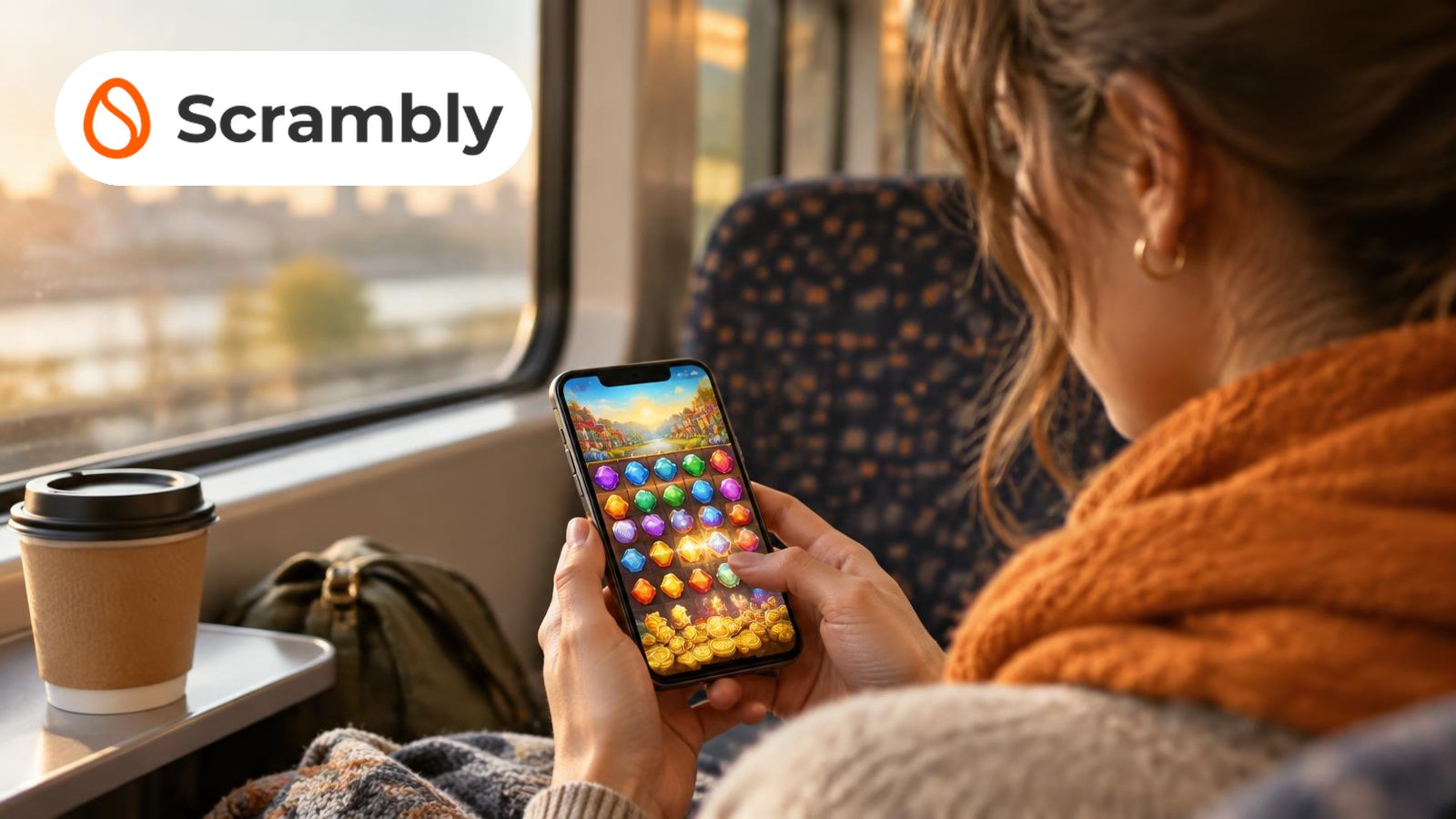 Woman on a train playing a gem puzzle game on her phone, with the Scrambly logo