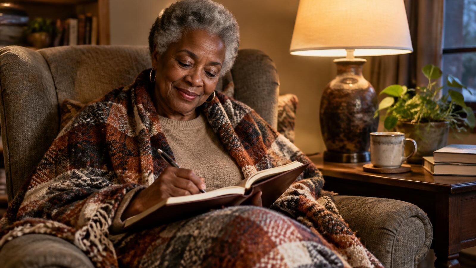 Older woman smiling while journaling in a cozy armchair