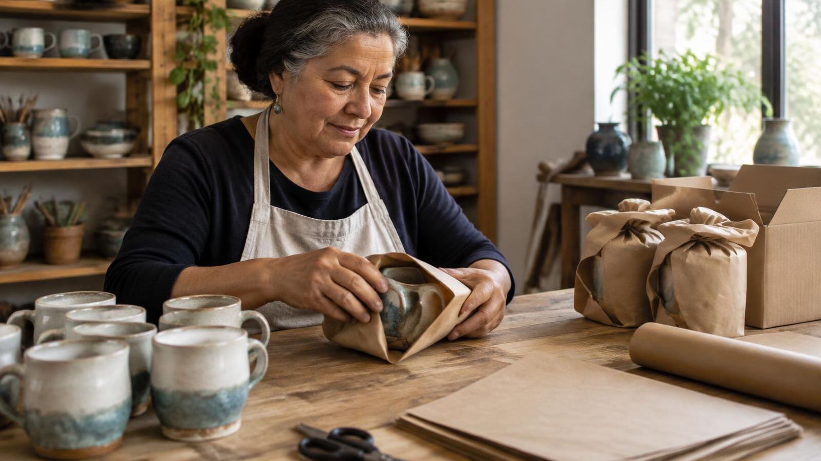 Potter wrapping handmade ceramic mugs in kraft paper for shipping