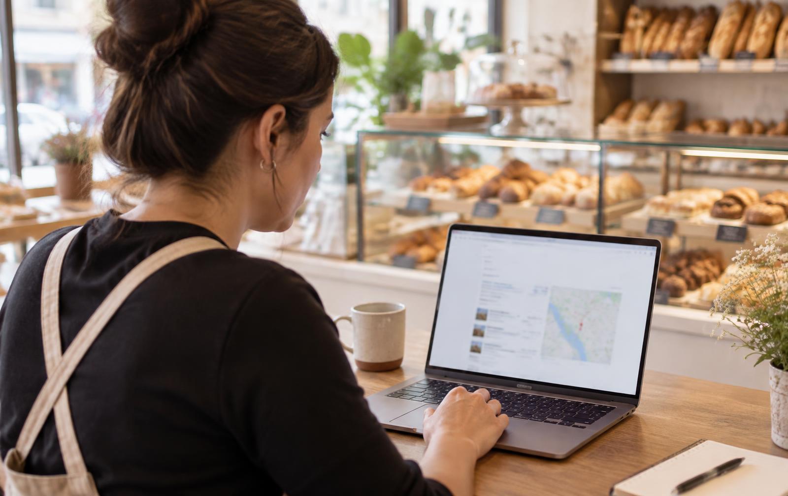 Bakery owner using a modern laptop to look up local search results and a map at her shop counter