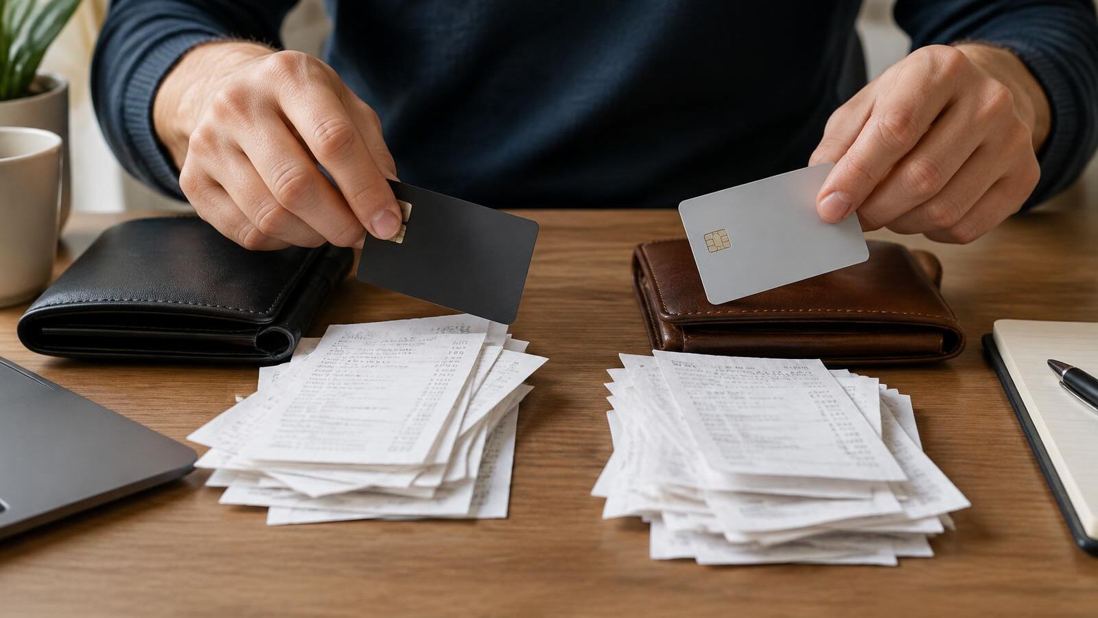 Hands separating two wallets, two cards and two piles of receipts