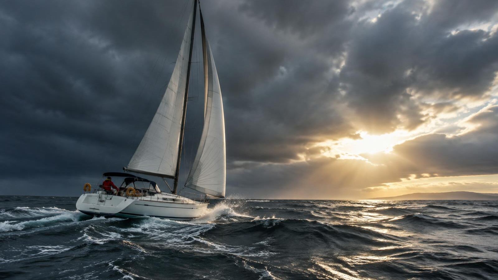 Sailboat in choppy water under storm clouds with sunlight breaking through