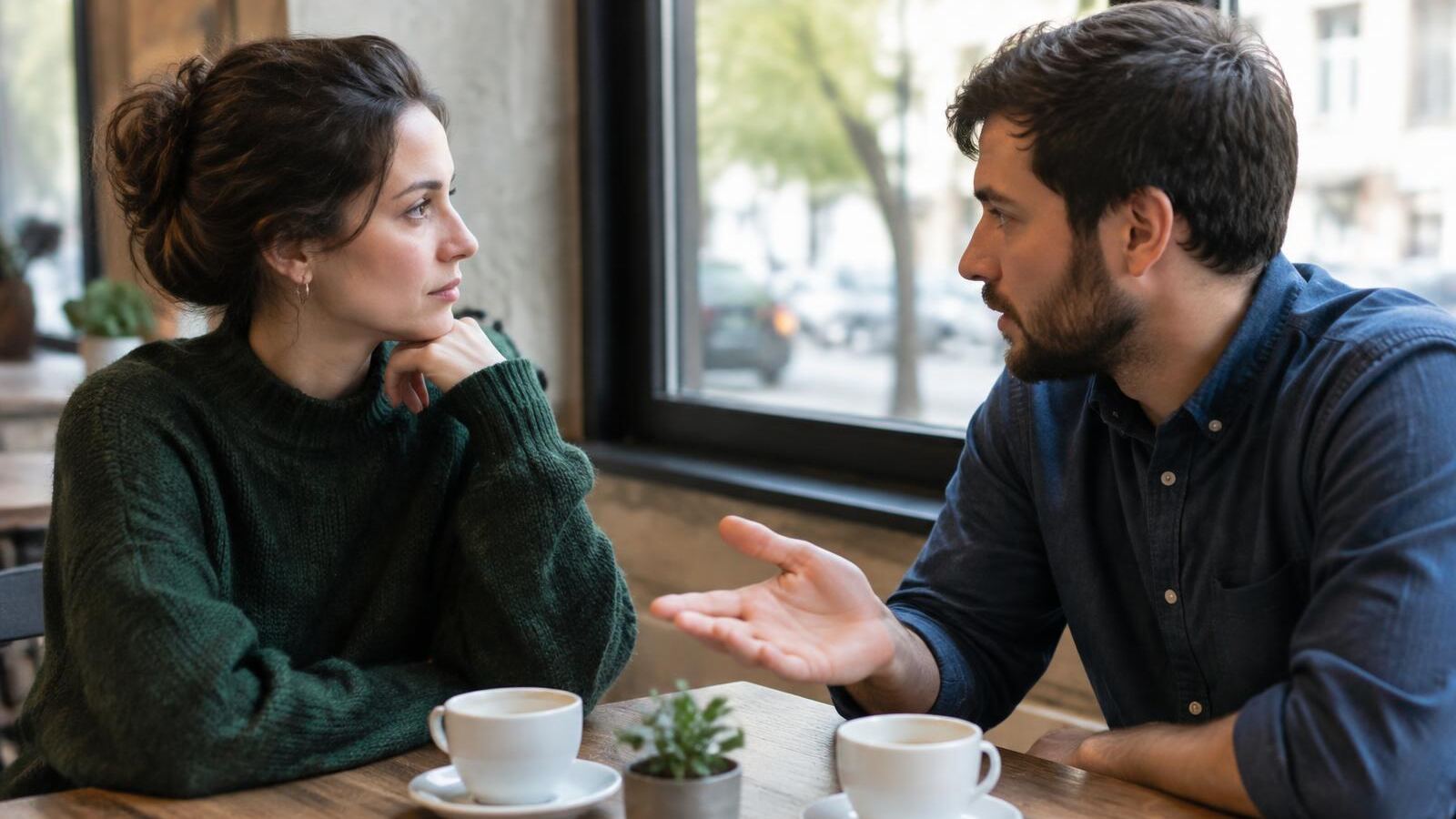 Two adults having a calm, serious talk at a café table