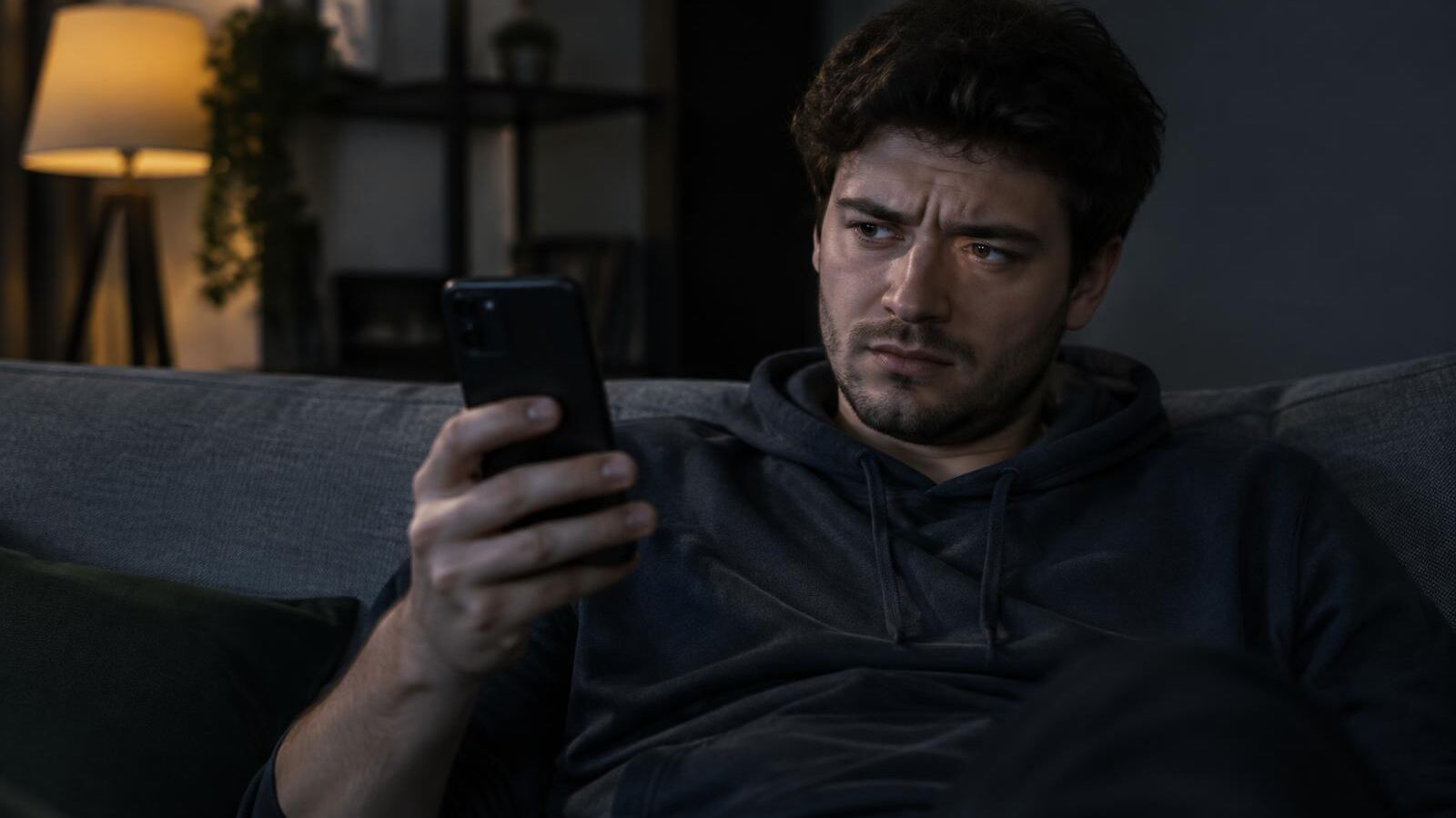 Young man looking skeptically at a message on his phone