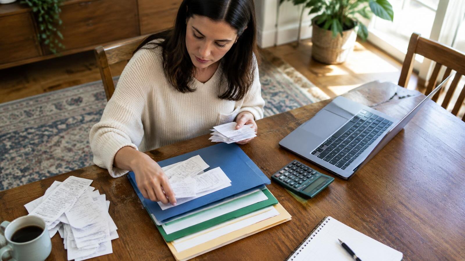 Woman sorting receipts into folders beside a laptop and calculator