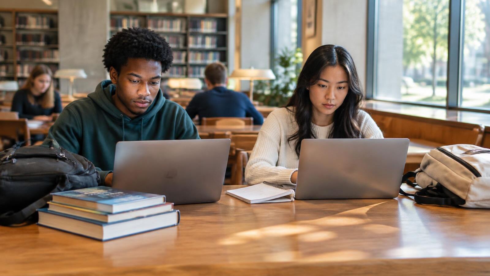 Two college students working on laptops in a campus library
