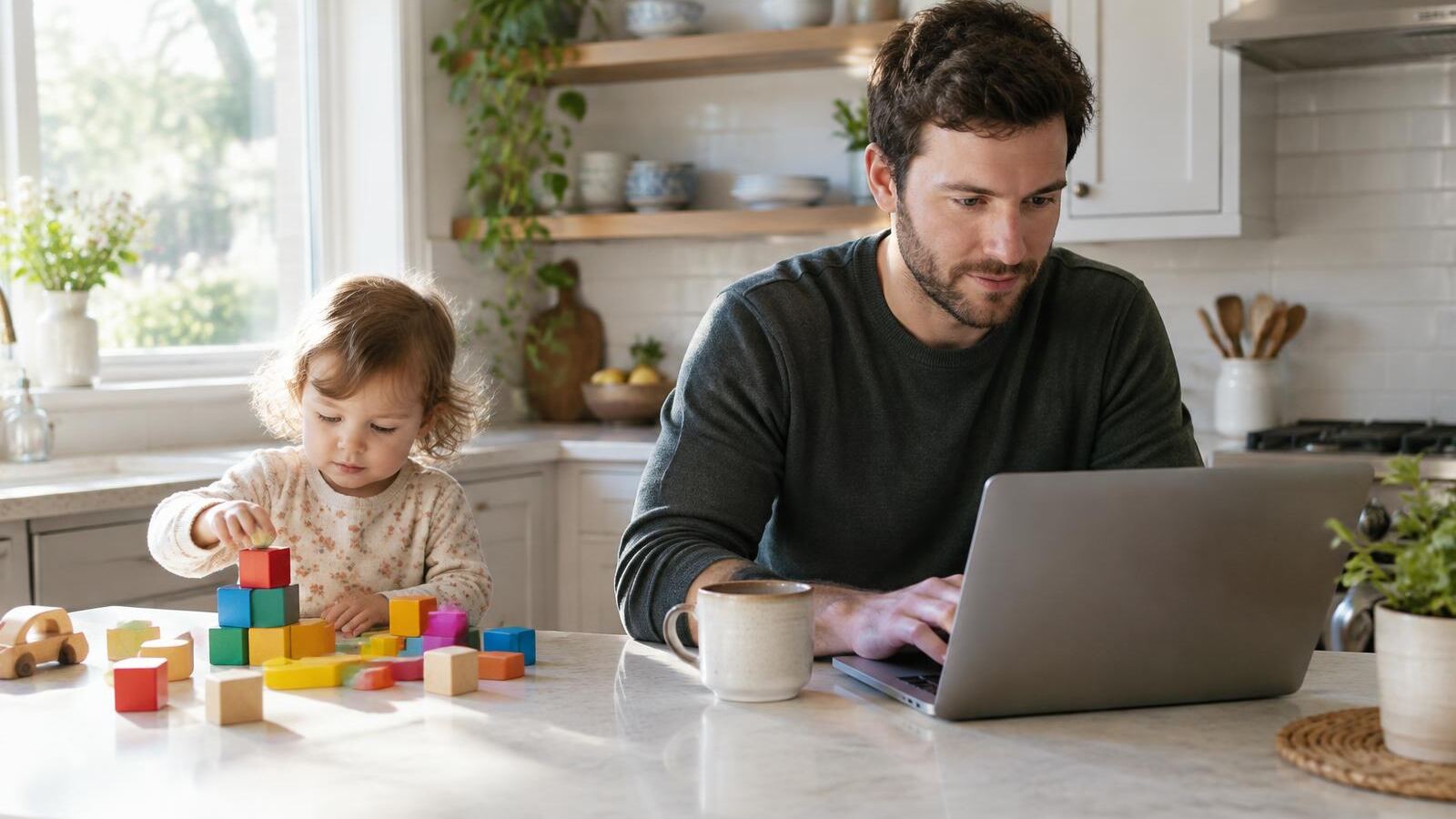 Father working on a laptop while his toddler plays with blocks nearby