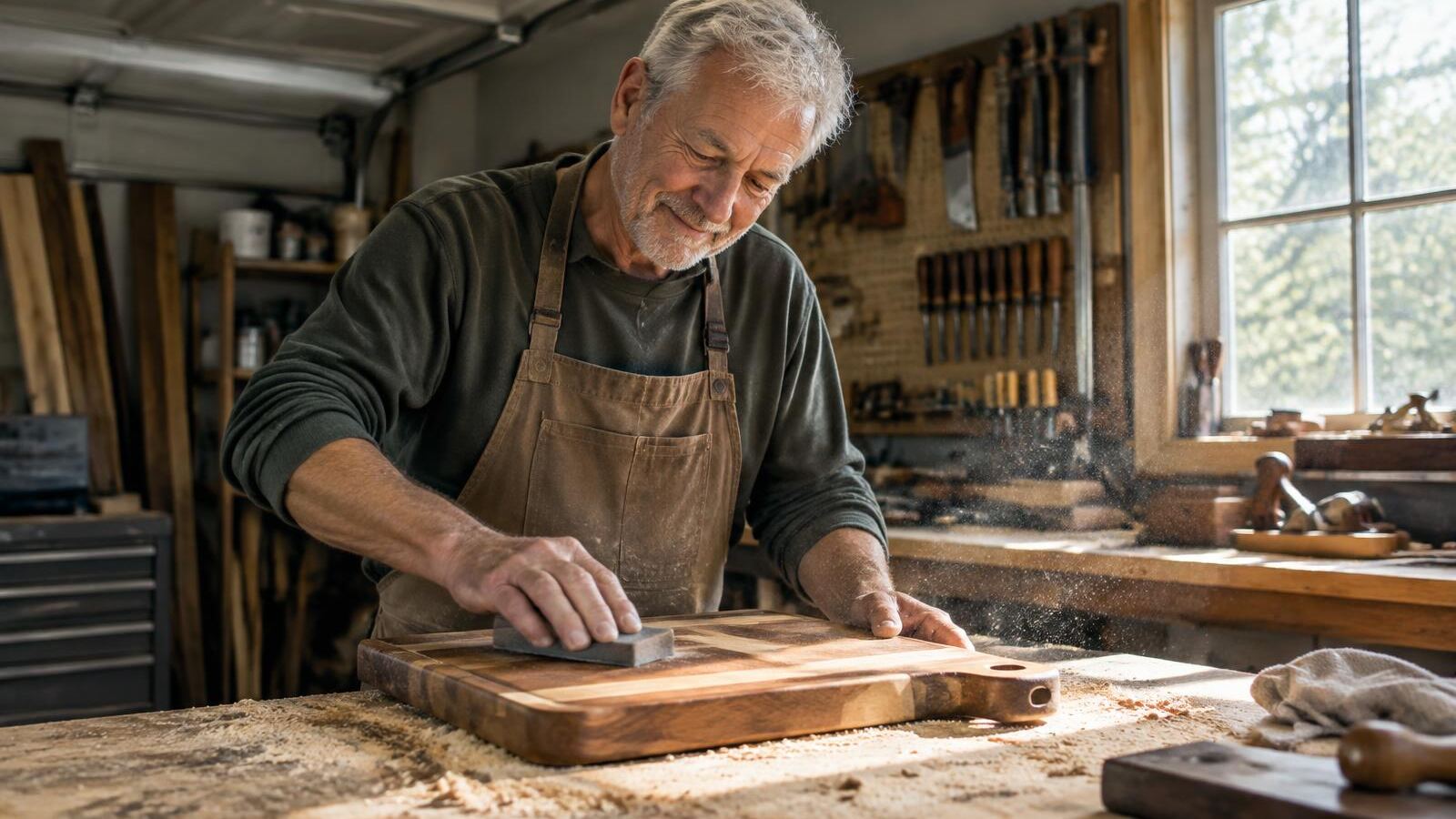 Retired man sanding a handmade wooden cutting board in his garage workshop
