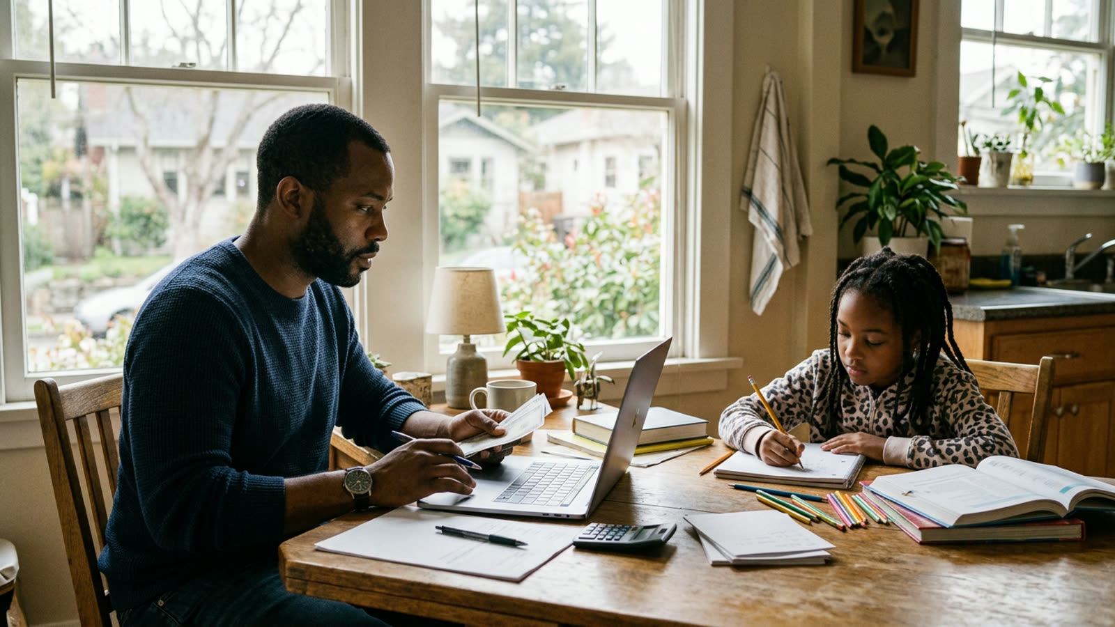 A single father at a kitchen table paying bills on a laptop while his daughter does homework beside him
