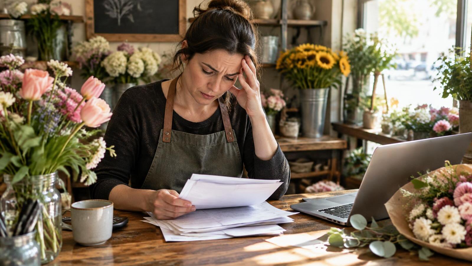 Florist reviewing invoices with a worried look in her shop