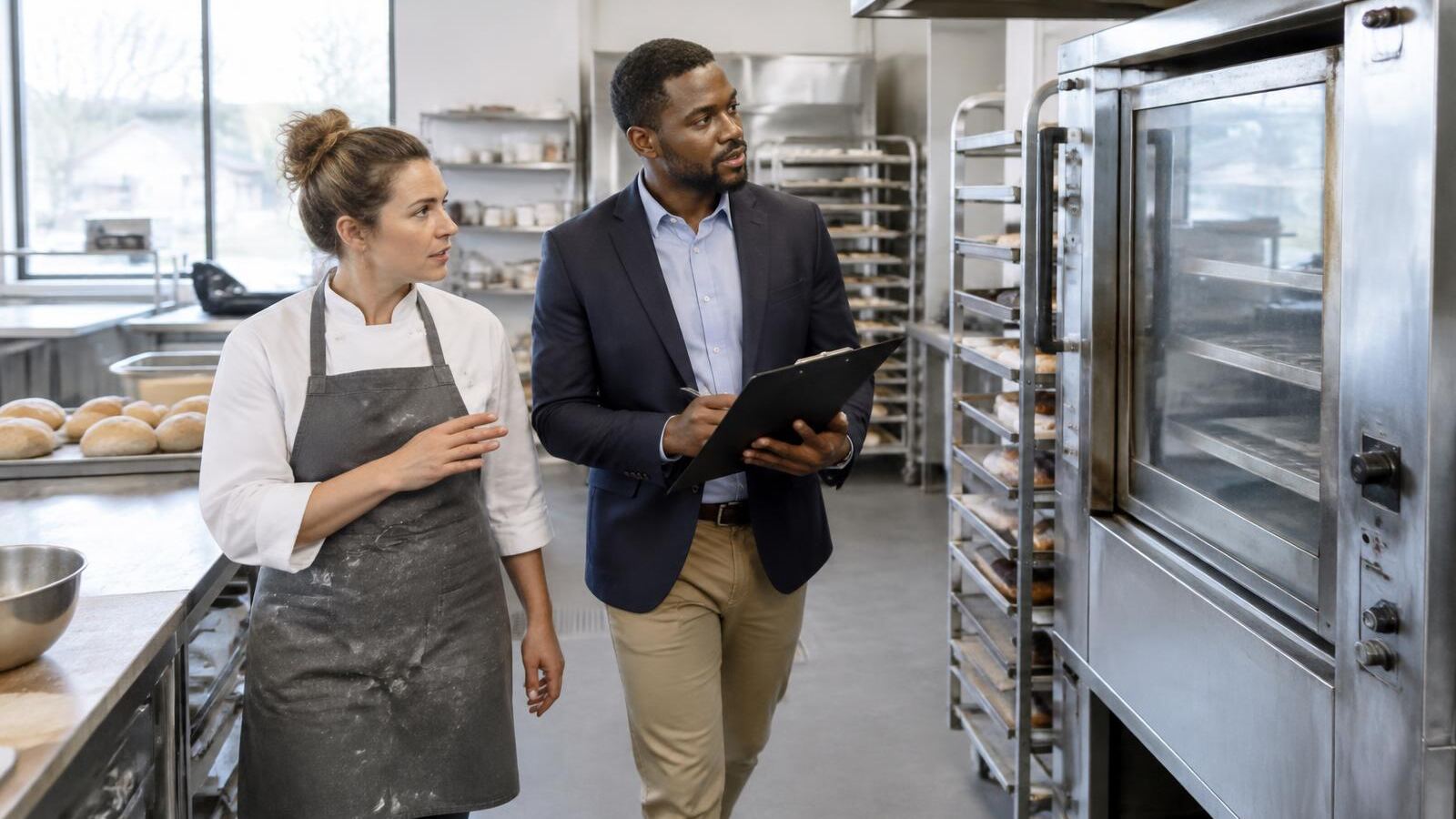 Bakery owner walking an insurance agent through her kitchen