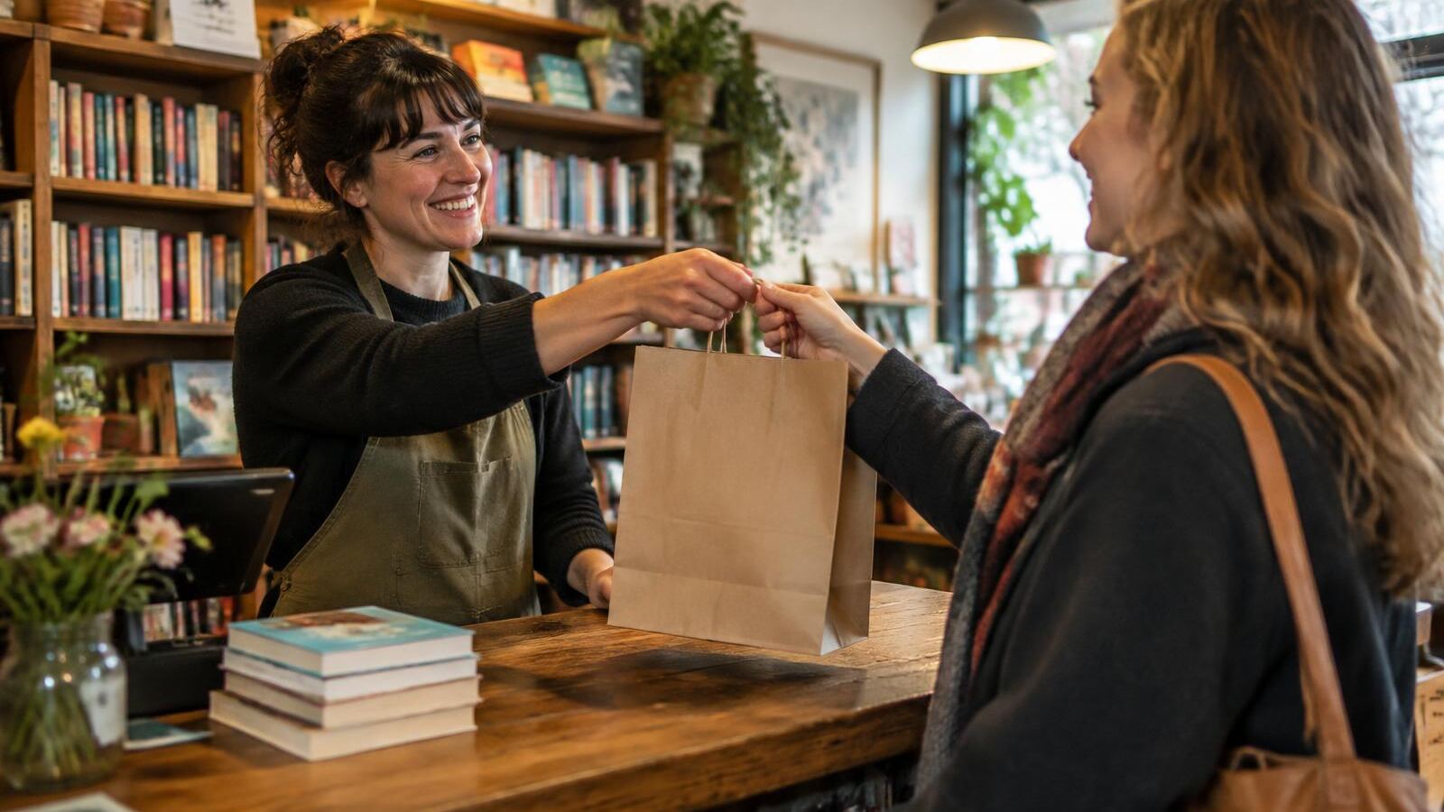 Bookstore owner handing a shopping bag to a smiling customer